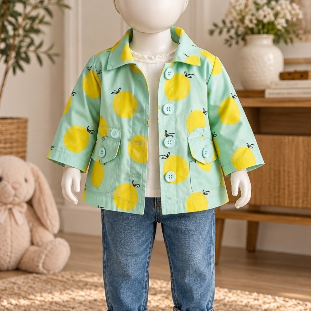 Baby Gap Toddler Raincoat Lemon Print Hooded Aqua Blue 12-18 Months